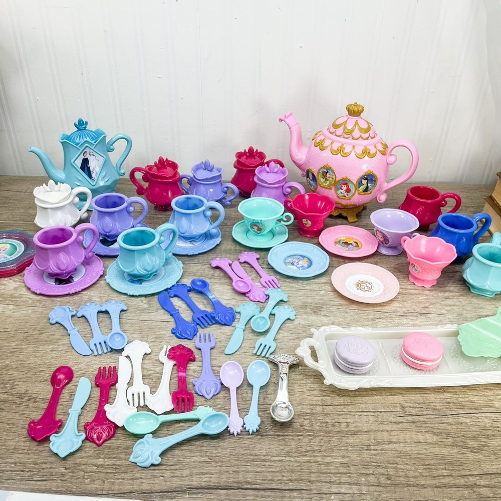 Disney Princess & Frozen Tea Party Set Teapot Cups Saucers Macarons Lot